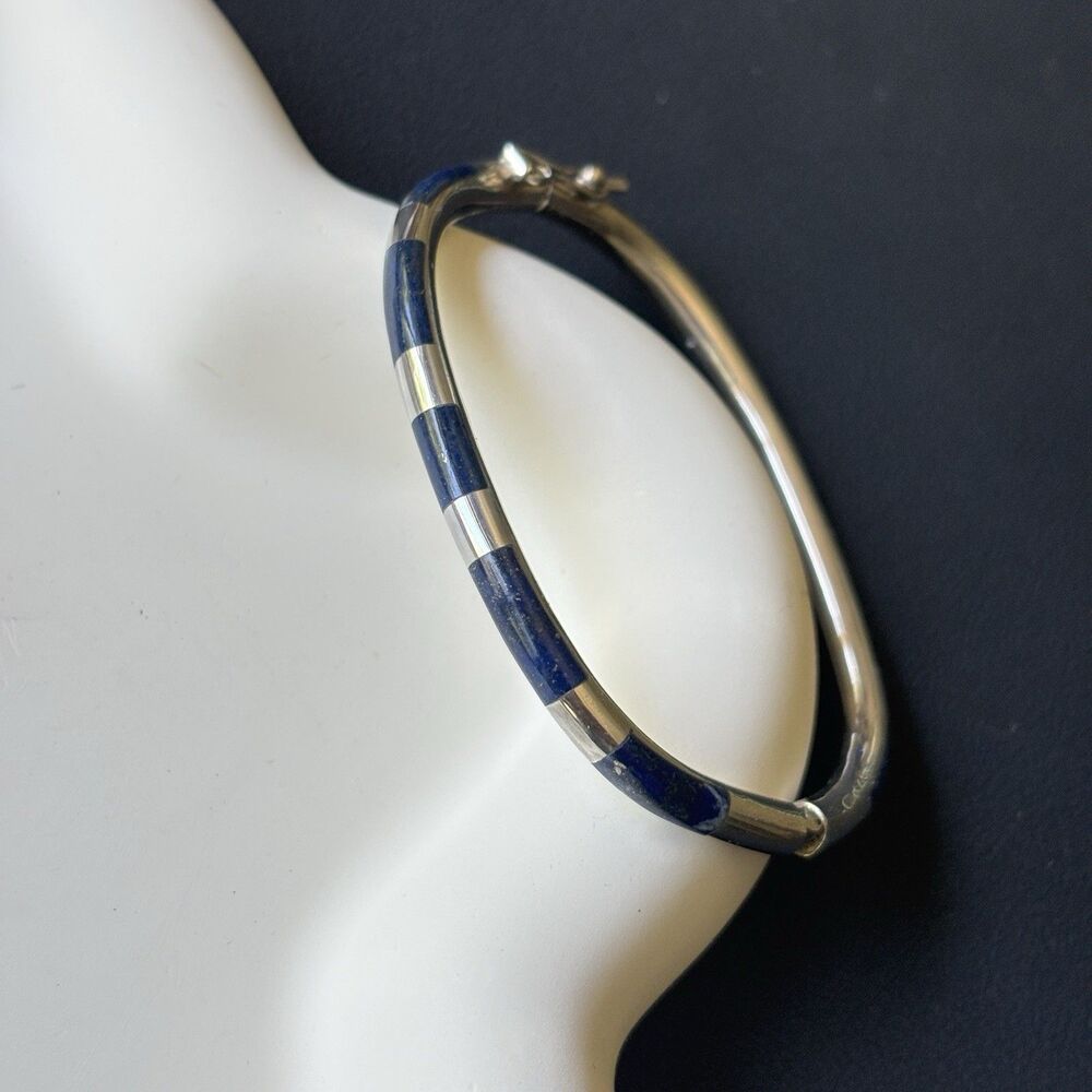 Vintage Silver Blue Lapis Inlay Hinged Bangle Cuff Small Wrist